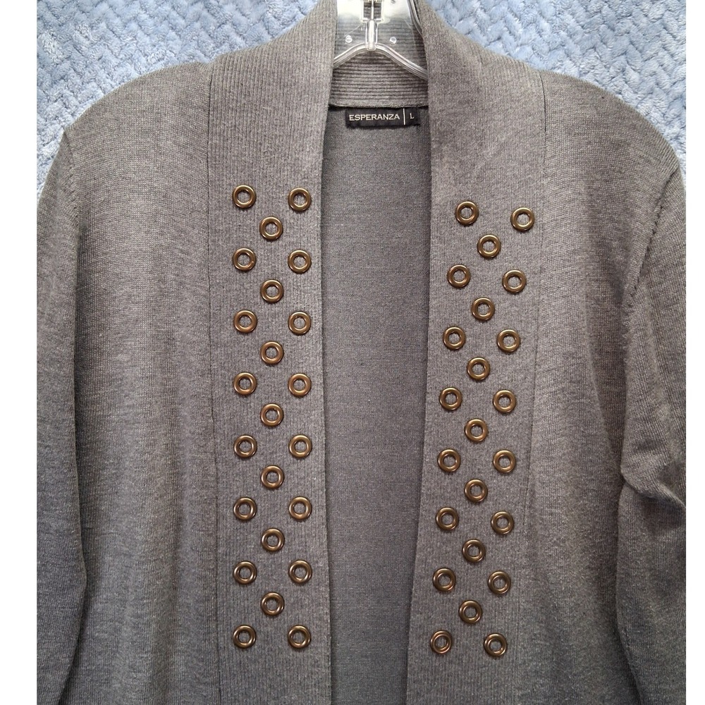 Esperanza Womens Gray Open Front Grommet Cardigan Sweater Longline Size L